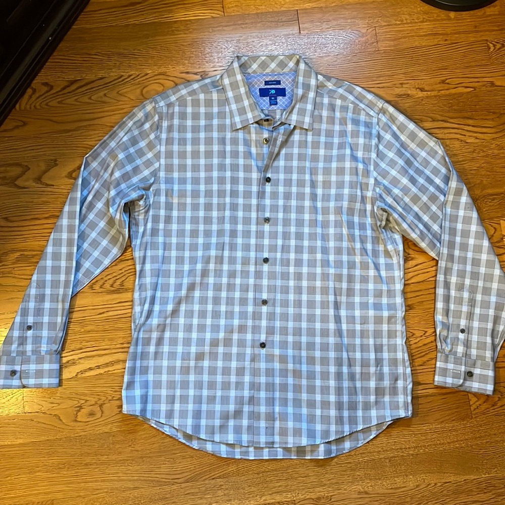 Men’s Egara, Blue + Grey Plaid Long Sleeve Button Up, Mon- Iron, Size XL